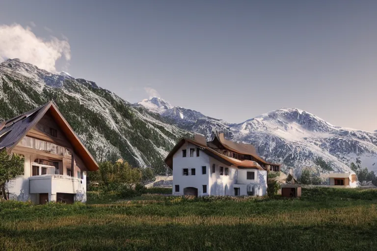 Image similar to modern fachwerk house settlement with Elbrus mountain on the background, architecture, 3d render 8k , high details