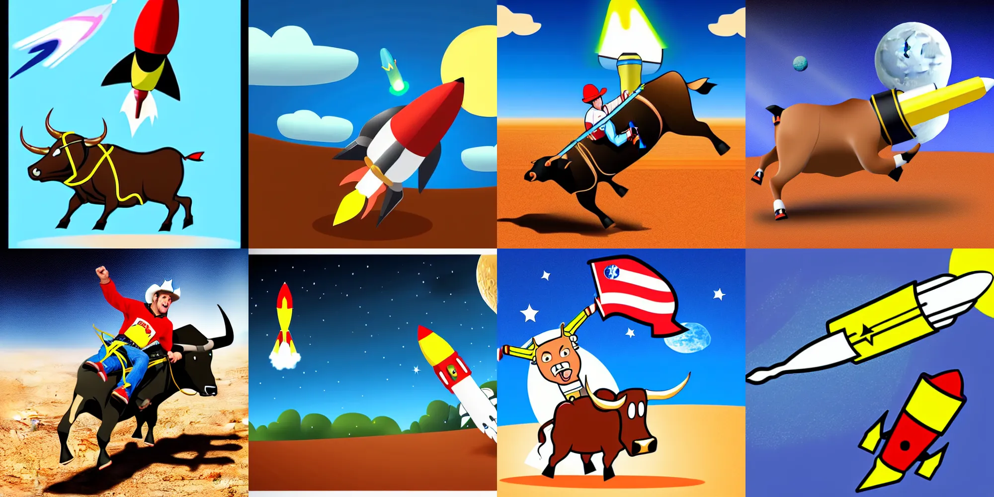 Prompt: a cartoon bull riding a hyper realistic rocket to the moon, cell shaded, flat lighting
