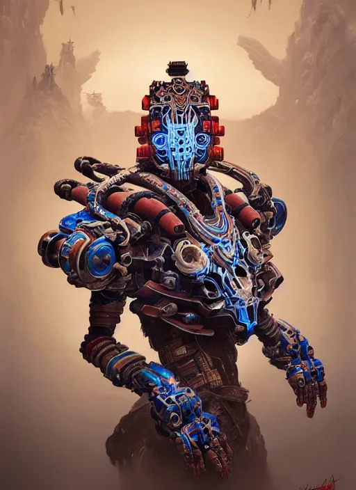 Image similar to portrait of a machine from horizon zero dawn, machine face, upper body, decorated with chinese opera motifs, asian, traditional chinese art, intricate, elegant, highly detailed, digital painting, artstation, concept art, smooth, sharp focus, illustration, art by artgerm and greg rutkowski and alphonse mucha, 8 k