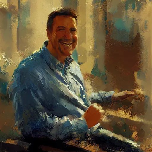 Prompt: a happy man, painted by Craig Mullins