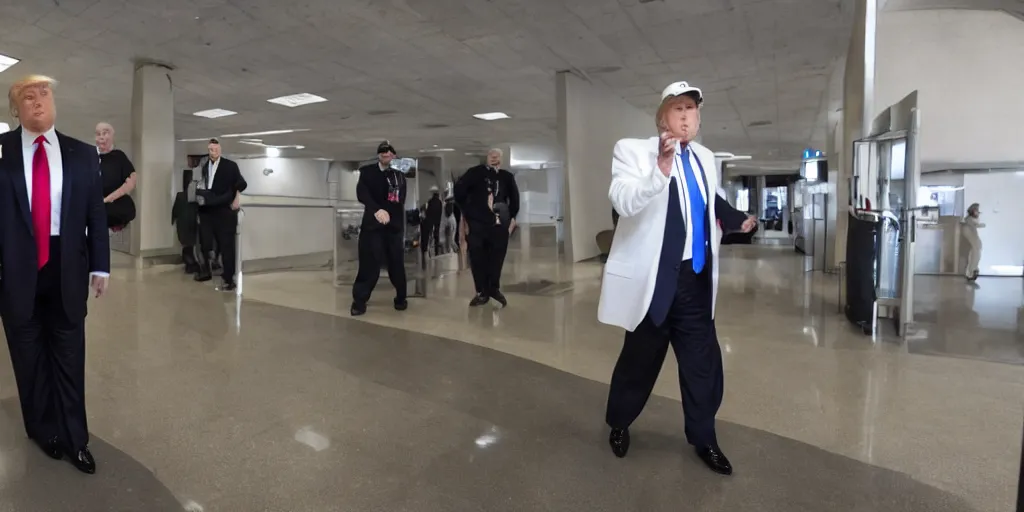 Image similar to ultra wide angle photo of donald trump dressed as a janitor walking silently past security guards, security guards