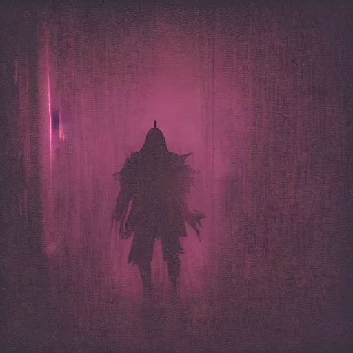 Image similar to Polaroid of dark souls in a dream, silhouettes, threes, rain, reflection, double exposure, dramatic low-key neon lighting, light painting