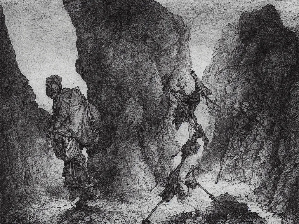 Prompt: Worker in the mines carrying stones. Ink painting by Gustave Dore, Albrecht Durer, Sebastiao Salgado