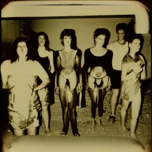 Image similar to creepy religious cult in abandoned warehouse, 1990s Polaroid photo, scary