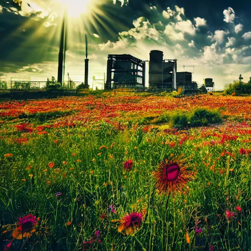 Prompt: a beautiful meadow, flowers, butterflies, surrounded by dirty industrial buildings, cinematic light, god rays, fantasy landscape, macro, bokeh