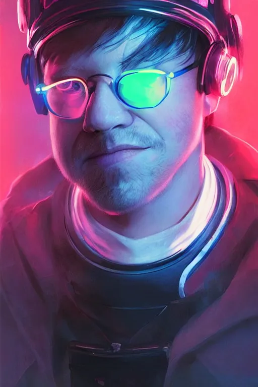 Image similar to portrait of Rupert Grint as Ron Wisly with visor in cyberpunk, neon lighting, night city, digital art from artstation by Ruan Jia and Mandy Jurgens and Artgerm and william-adolphe bouguereau and Greg Rutkowski