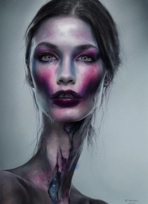 Image similar to hyper realistic, portrait, close - up, make up, dark witch, painting by tom bagshae, smooth, sharp focus