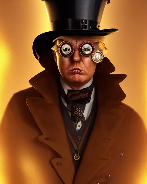 Prompt: steampunk donald trump portrait, handsome, steampunk hat, detective coat, steampunk monocle, complex 3 d render by ilya kuvshinov, peter mohrbacher, greg rutkowski, ryohei hase, dramatic lighting, intricate, highly detailed, sharp focus, luminous, unreal engine, blender, artstation, masterpiece, ray tracing