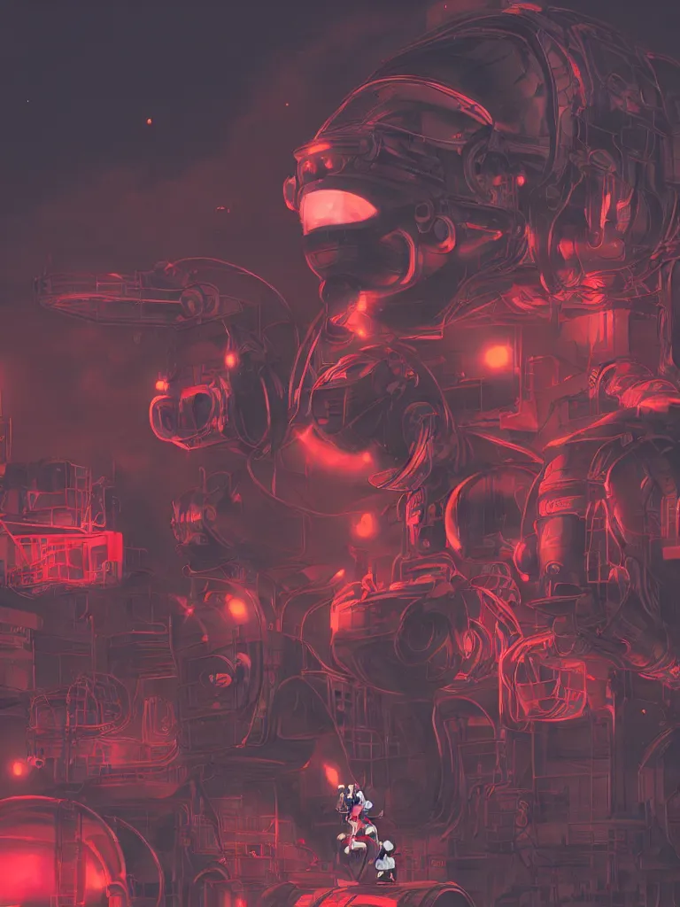 Prompt: graphic art of dystopian futuristic 1 0 mechanic surgeons in space suits, operate on a huge mickey - mouse! severed - head!! held by a crane. ominous glowing red netflix!!! sign in the background, trending on art station, beeple!!, clean concept art, smooth, octane render