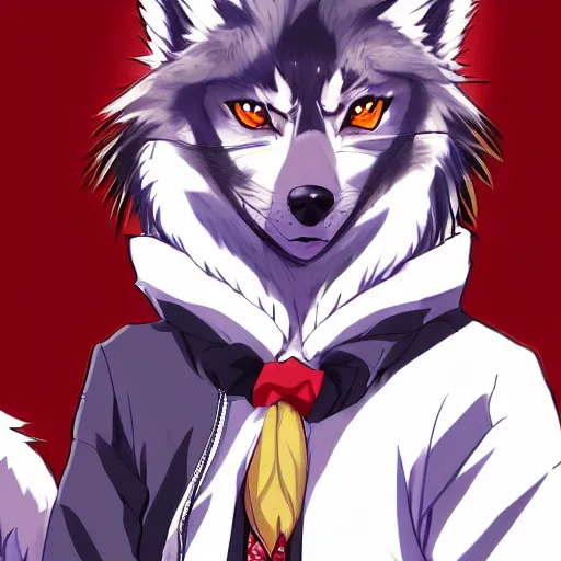 Image similar to key anime visual portrait of an anthropomorphic anthro wolf fursona, in a jacket, with handsome eyes, official modern anime art