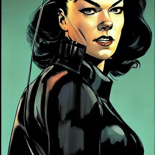 Prompt: Rafael Albuquerque comic art, Norman Rockwell, Adrianne Palicki as a Russian spy, black outfit, smirk, fun pose, hair pulled back symmetrical face, symmetrical eyes, realistic face