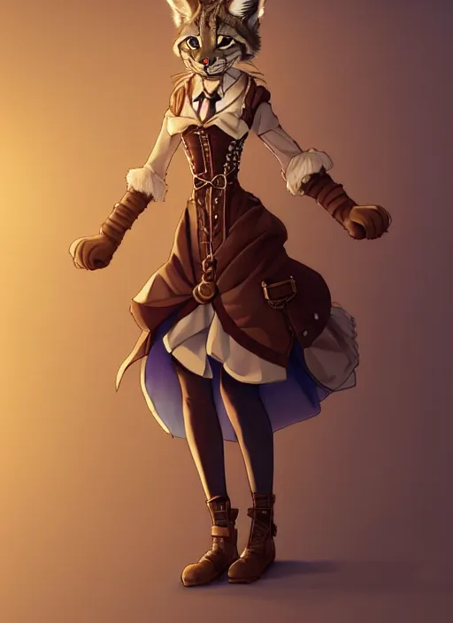 Image similar to wide angle beautiful full body portrait of a strong female anthropomorphic anthro lynx fursona wearing a steampunk dress. character design by disney, anime, manga, charlie bowater, ross tran, artgerm, and makoto shinkai, detailed, soft lighting, rendered in octane