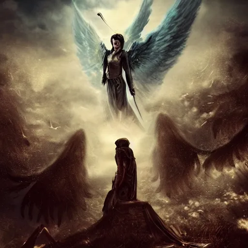 Image similar to angels and dreams at war, heaven vs hell, cloudy sky, Bastien Lecouffe, fantasy, 10 winged angel, lucifer, art Station, 4k UHD
