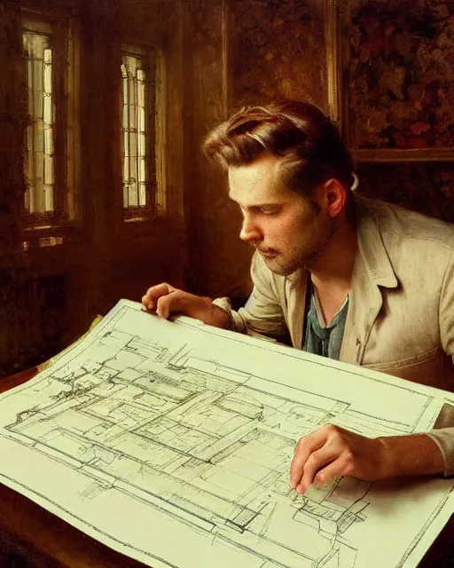 Prompt: very attractive male architect looks over blueprints of his latest work, melancholy, nostalgia, painting by gaston bussiere, craig mullins, j. c. leyendecker