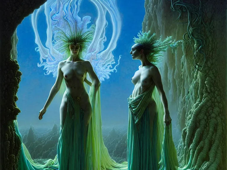 Prompt: the female arcanist and the male artificer by ferdinand knab and roger dean and brom and zdzisław beksinski and greg staples and louis janmot, beautiful, flowing magical robe, highly detailed, hyperrealistic, intricate, energy, electric, blue flame, low light, green crystal, high contrast, old and young, lifelike