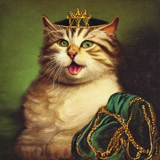 Prompt: a fat fluffy dark tabby cat with green eyes wearing aristocratic robes and a golden necklace and a crown sitting in a garden in the style of Rembrandt