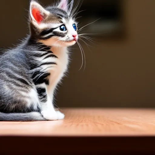 Image similar to a small kitten sitting on top of the table, award winning photography, HDR, natural lighting, , medium close shot, shot on Canon EOS R5, f/2.5,