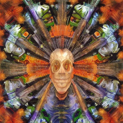 Image similar to an oil painting by arcimboldo, by georgia o keeffe, by botticelli, by giger, by frank frazetta seen through a kaleidoscope, kaleidoscope, broken, nerve system, medical