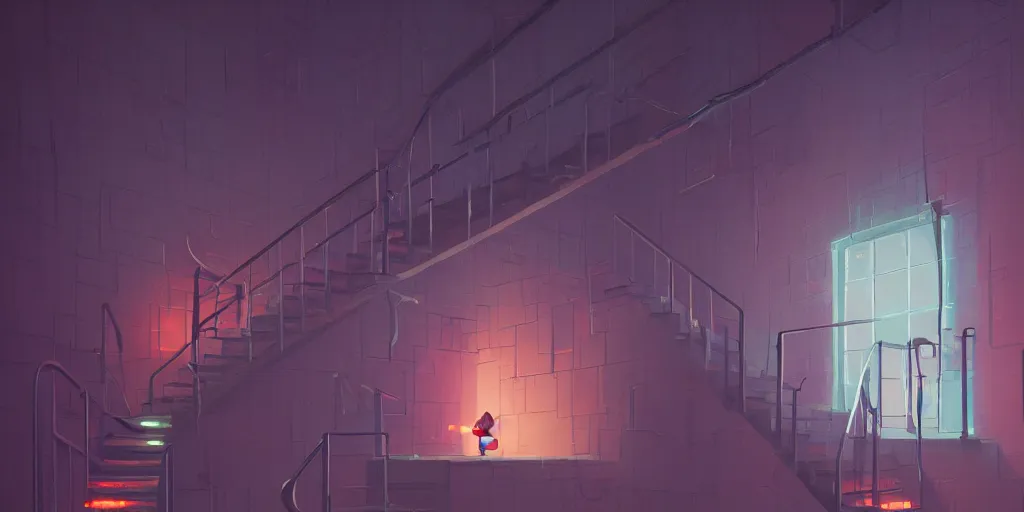 Image similar to look down a cellar staircase, neon lights by Goro Fujita and Simon Stalenhag and Kandinsky and Magritte, 8k, trending on artstation, hyper detailed, cinematic