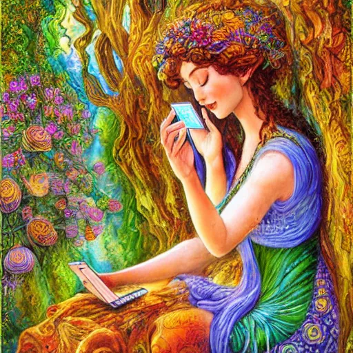 Prompt: a nature goddess checking her cell phone by josephine wall, high resolution