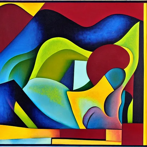 Image similar to woman as the natural landscape, her curves form the mountains and rivers of the land , high quality art in the style of cubism and georgia o’keefe,