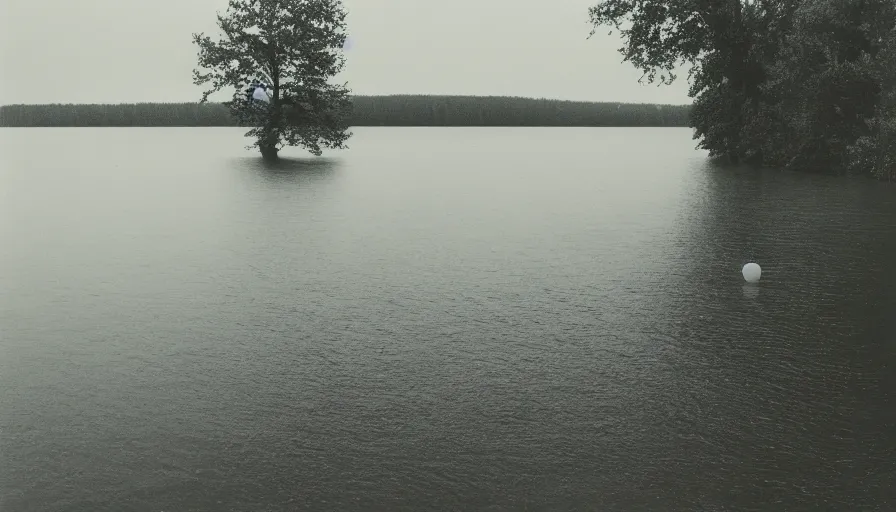 Image similar to photograph of an infinitely long chunky rope floating on the surface of the water, the rope is snaking from the foreground towards the center of the lake, a dark lake on a cloudy day, trees in the background, moody scene, anamorphic lens, kodak color film stock