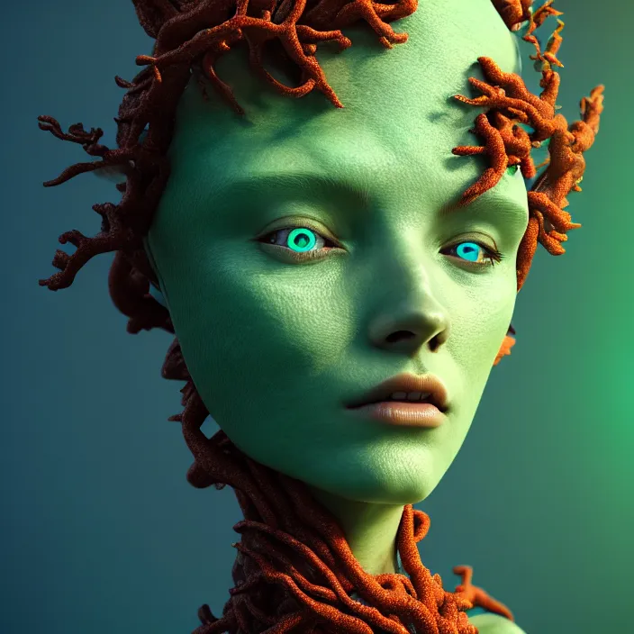 Image similar to female android dryad standing, entwined by seaweed and coral, deep ocean, surreal, light shining through, hyper - realistic, highly detailed, sharp focus, smooth, intricate, octane render