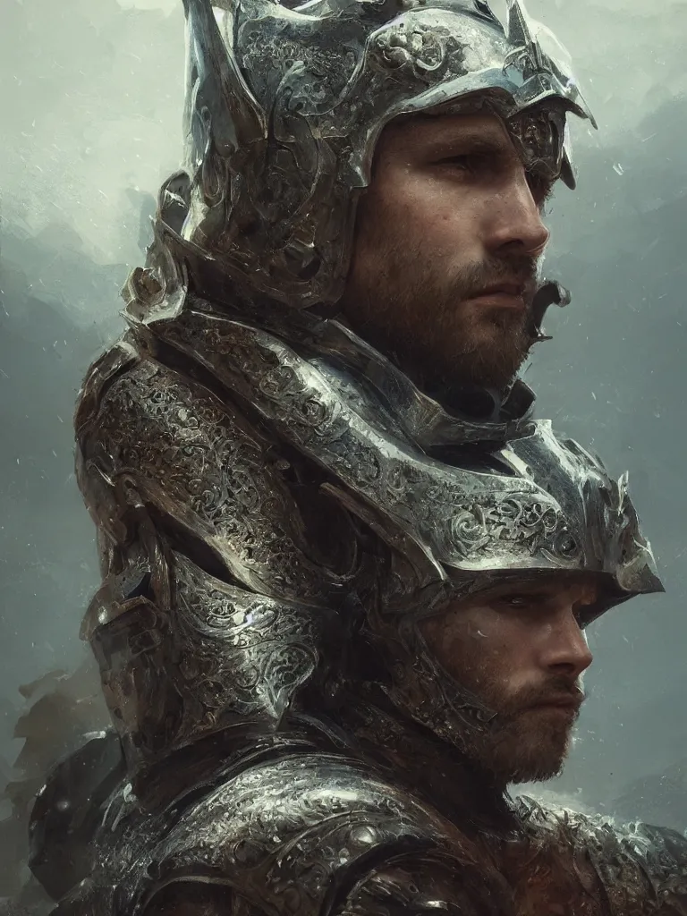 Image similar to king arthur's knight, close-up portrait, powerfull, intricate, elegant, volumetric lighting, scenery, digital painting, highly detailed, artstation, sharp focus, illustration, concept art, ruan jia, steve mccurry