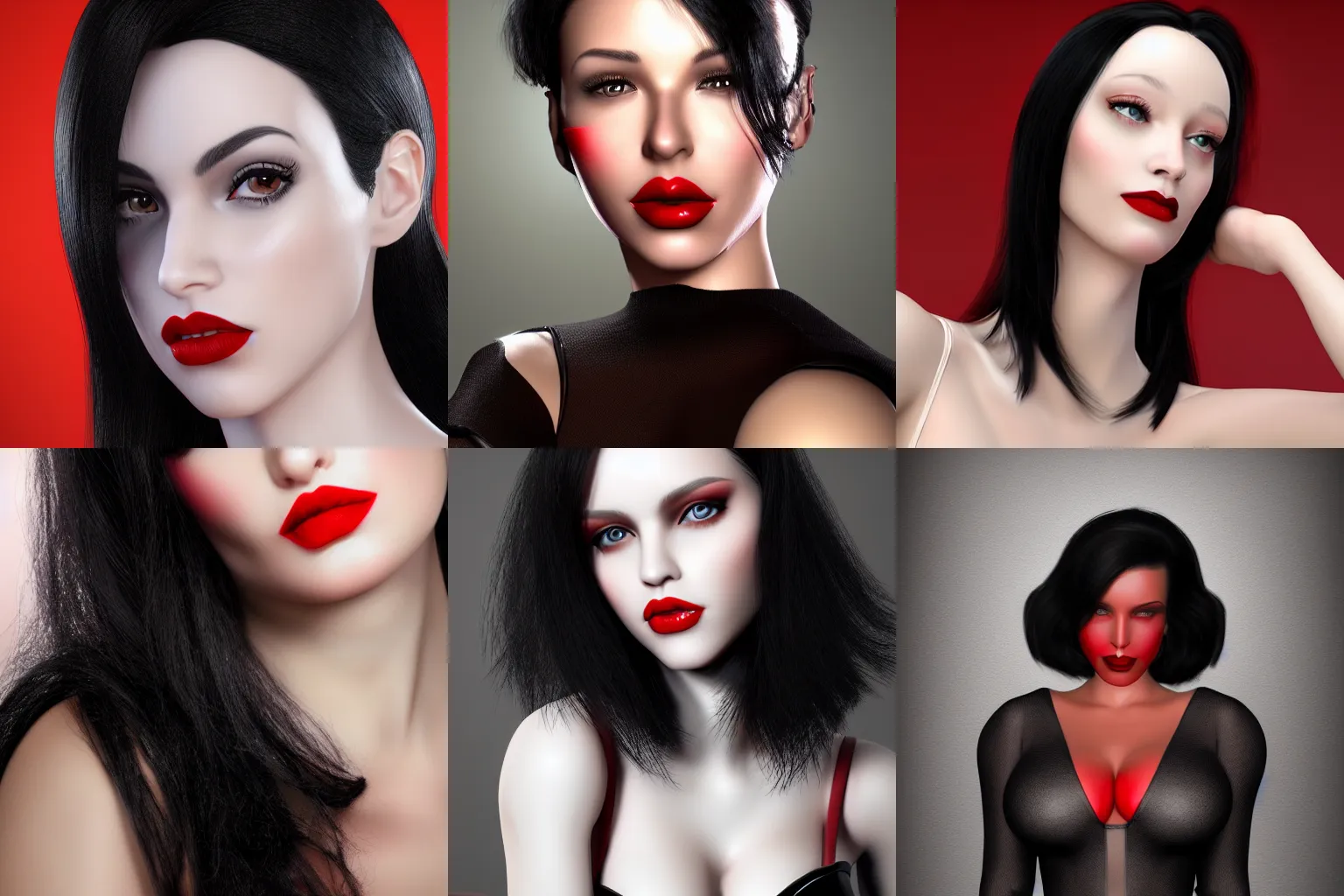 Prompt: portrait, beautiful, woman, black hair, red lips with daz studio