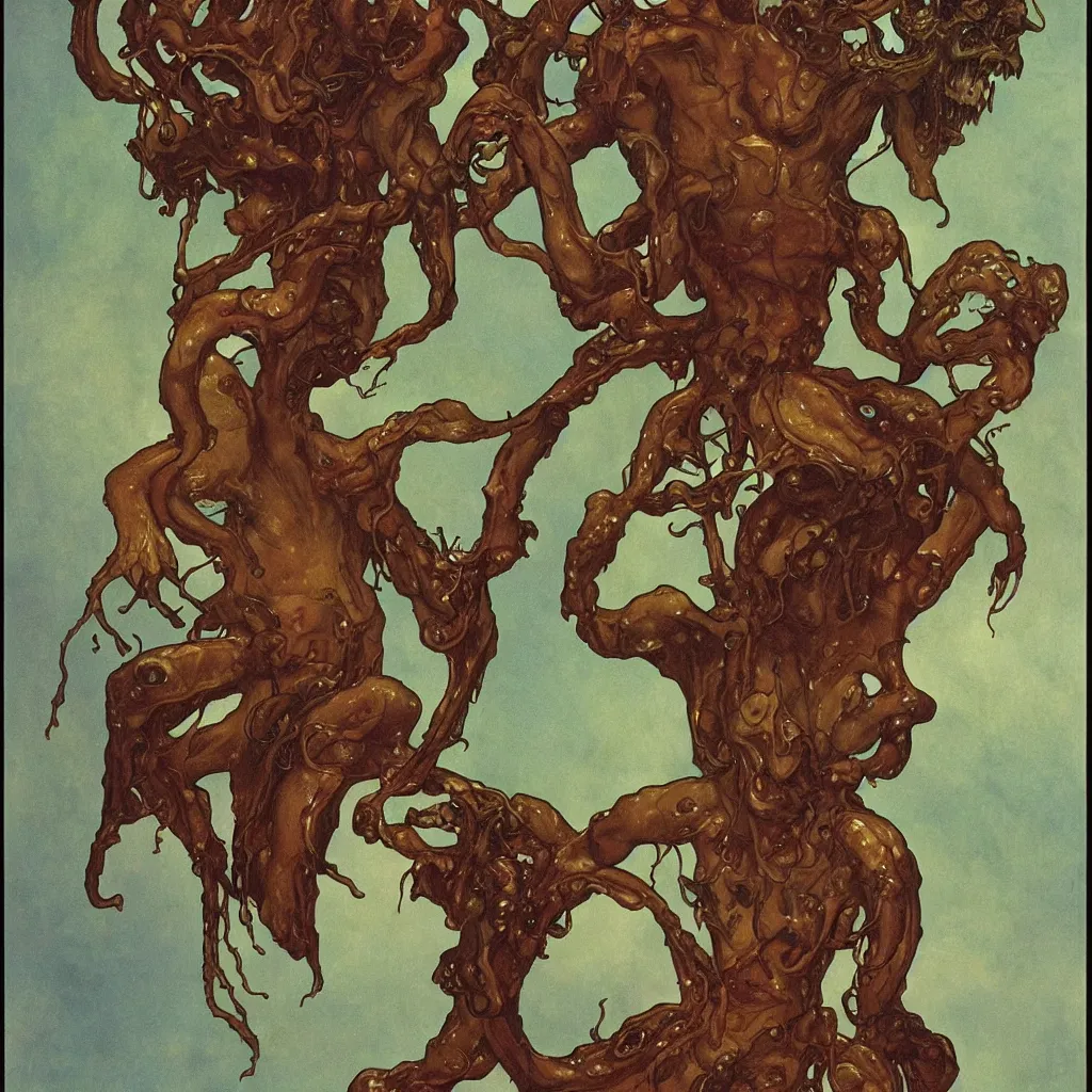 Image similar to grainy 2 0 mm film photograph of a grotesque nightmare fungus demon god. uhd, amazing depth, cinematic lighting, glossy wet levitating floating fungus god with arms outstretched. by thomas blackshear and alphonse mucha.