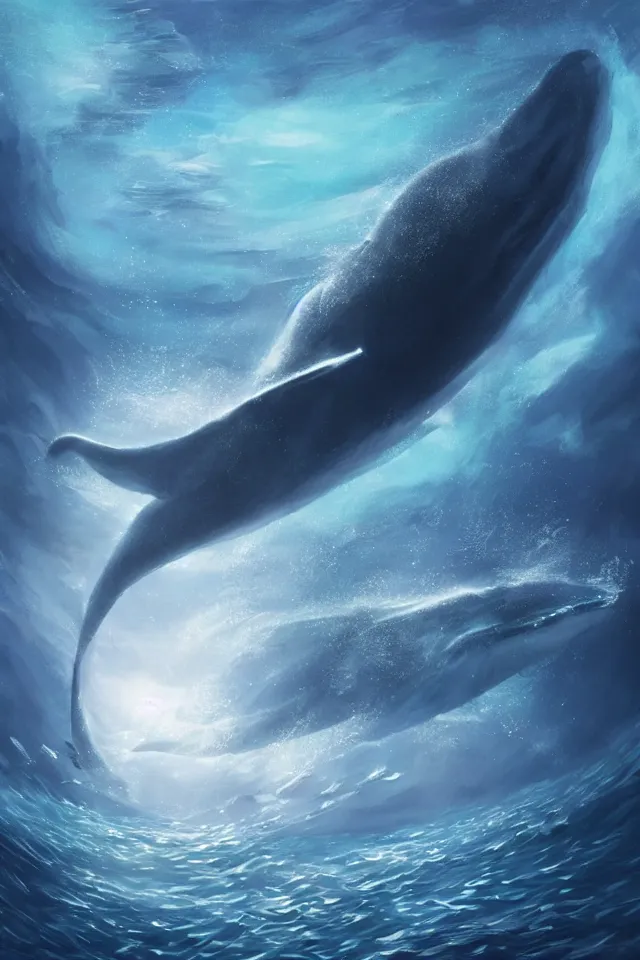 Image similar to a concept scene illustration depicting a blue whale at the bottom of the azure sea, with a crystal texture and a dreamy atmosphere ， super wide angle ， matte painting ， rtx on ， trending on cgsociety and artstation ，