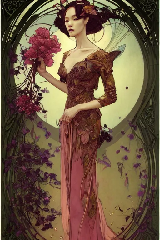 Prompt: full length portrait of a beautiful mysterious chinese fairy holding bouquet of flowers by eve ventrue, michael carson, andreas rochas, john watkiss, casey weldon, artgerm. art nouveau. tarot card by mucha. gloomhaven. swirly intricate linework background. gaudy colors, sharp edges. octane render