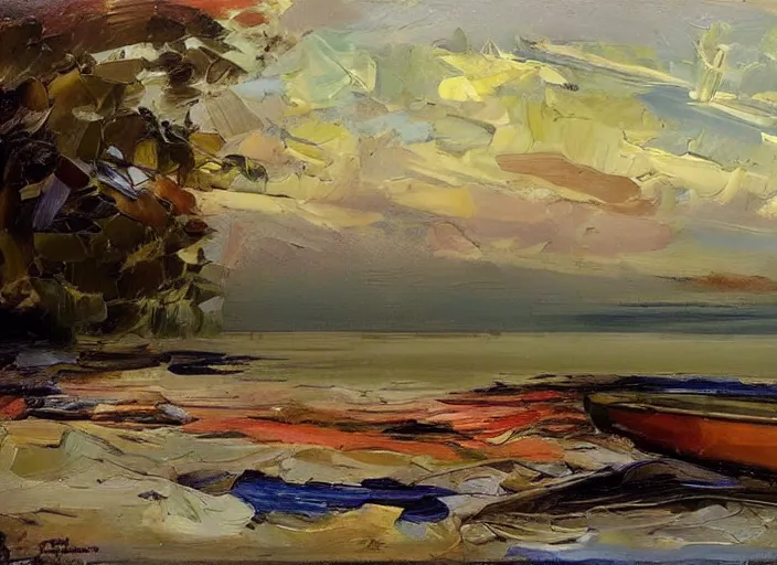 Image similar to palette knife, impasto oil painting of silent calm lake shore by frank auerbach, thick paint brush strokes, art by anders zorn, wonderful masterpiece by greg rutkowski, beautiful cinematic light, american romanticism by greg manchess, creation by tyler edlin