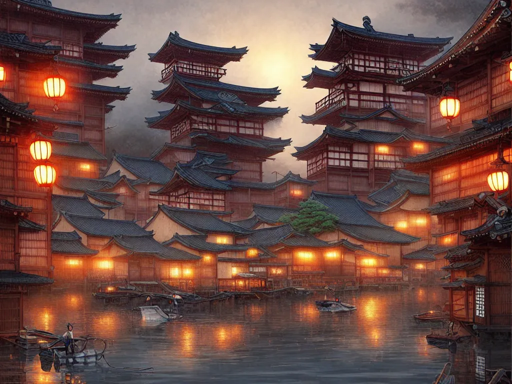 Prompt: old japanese town viewed from harbor, d & d digital painting, intricate details, ultra realistic, beautiful, volumetric lighting, warm colors advance, cell shading, by james jean, greg rutkowski, gerald brom, wlop