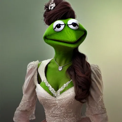 Image similar to kermit the frog in a wedding dress, cg animation, riot entertainment, arcane, realistic, character select portrait, by artgerm, greg rutkowski, alphonse mucha, 3 d