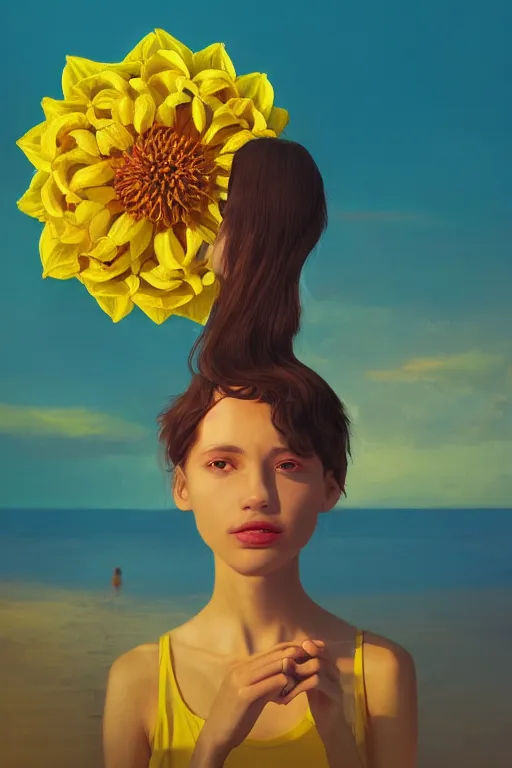 Image similar to closeup girl with huge yellow dahlia flower as a head, on beach, surreal photography, blue sky, sunrise, dramatic light, impressionist painting, digital painting, artstation, simon stalenhag