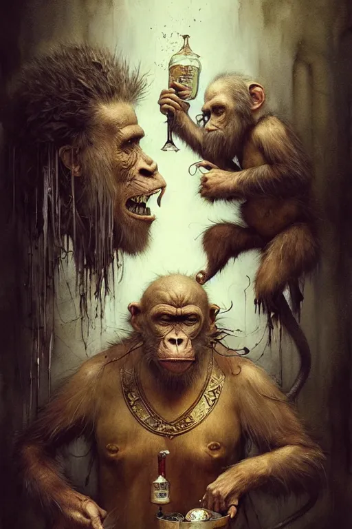 Image similar to ape magician | esoteric symbolism | jean - baptiste monge, esao andrews, bastien lecouffe - deharme, tim jacobus, ken currie | ultra - detailed realism, soft cinematic lighting, hi - fructose, artstation, high - quality, ink watercolors wes anderson poster art
