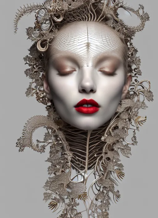 Prompt: complex 3d render ultra detailed of a beautiful porcelain profile woman face, mechanical cyborg, silver gold details, 150 mm, beautiful natural soft light, rim light, ghost orchid big leaves and stems, roots, fine foliage lace, maze like, mesh wire, intricate details, hyperrealistic, ultra detailed, red lips, mandelbrot fractal, anatomical, white metal neocubism armor, facial muscles, cable wires, microchip, elegant, octane render, H.R. Giger style, 8k