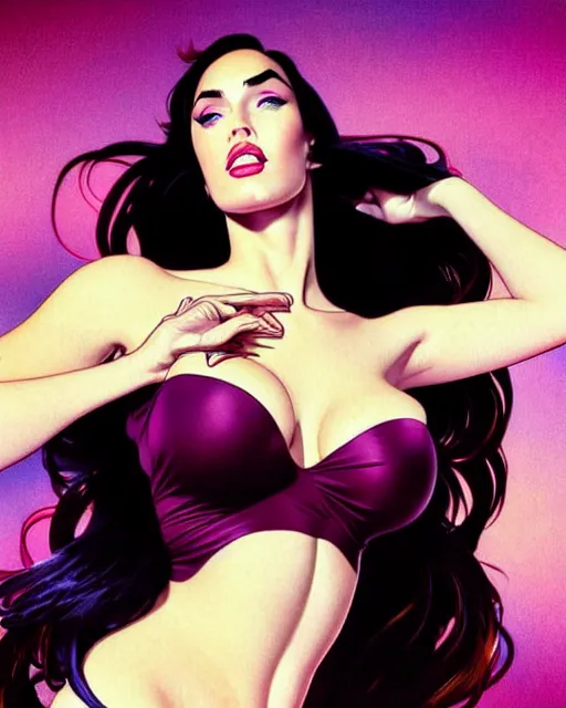 Prompt: low angle closeup beautiful very seductive megan fox retro scifi goddess pinup, action glamour pose, windblown dark hair, hyper detailed, digital art, studio lighting, smooth, ambient lighting, sharp focus, frank miller, wlop, anna dittmann, moebius!, alphonse mucha, patrick nagle!!!, rim lighting, synthwave