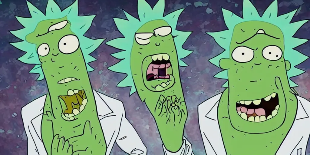 Image similar to Rick Sanchez after transforming into a Pickle Rick, terrified as his new body slowly breaks down into green goo, adult swim cartoon, 2d art