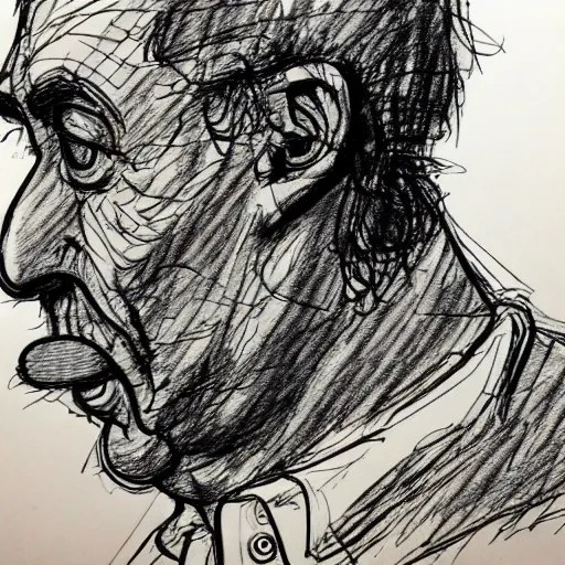 Prompt: a realistic yet scraggly portrait sketch of the side profile of a stern and sophisticated eustace bagge, trending on artstation, intricate details, in the style of frank auerbach, in the style of sergio aragones, in the style of martin ansin, in the style of david aja, in the style of mattias adolfsson