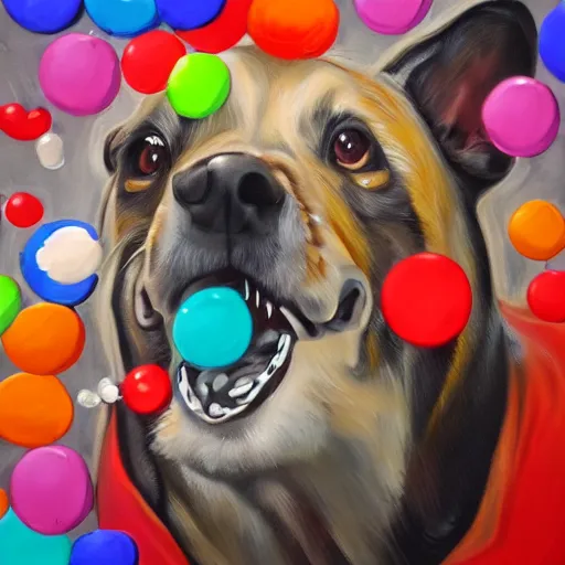 Image similar to high detail oil painting of a rabid dog, rabies, foam, bubbles made of emoji faces, trending on artstation