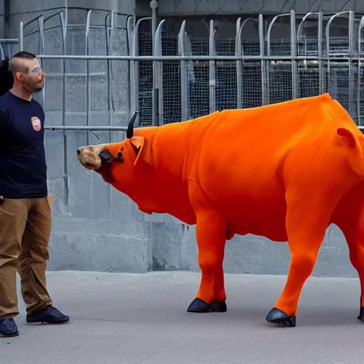 Image similar to bull wearing orange inmate clothes in a bullring