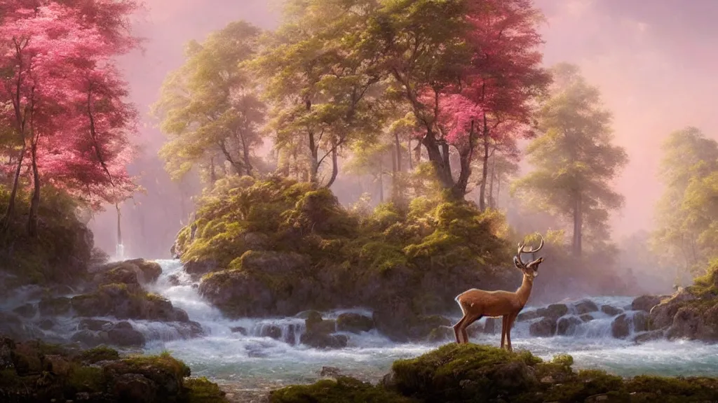 Image similar to the most beautiful panoramic landscape, oil painting, where a giant dreamy waterfall creates a river, the trees around are starting to bloom in pink colors, a majestic deer is in close - up and it is exhaling steam, the ray lights of the sunrise are brightening him, by greg rutkowski