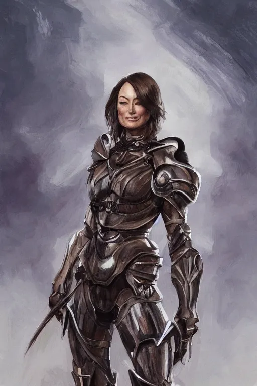 Image similar to a professionally painted portrait of Olivia Wilde, clothed in ancient battle armor, olive skin, long dark hair, beautiful bone structure, symmetrical facial features, intricate, elegant, digital painting, trending on Artstation, concept art, smooth, sharp focus, illustration, from Metal Gear by Ruan Jia and Mandy Jurgens and Artgerm and and william-adolphe bouguerea, award winning