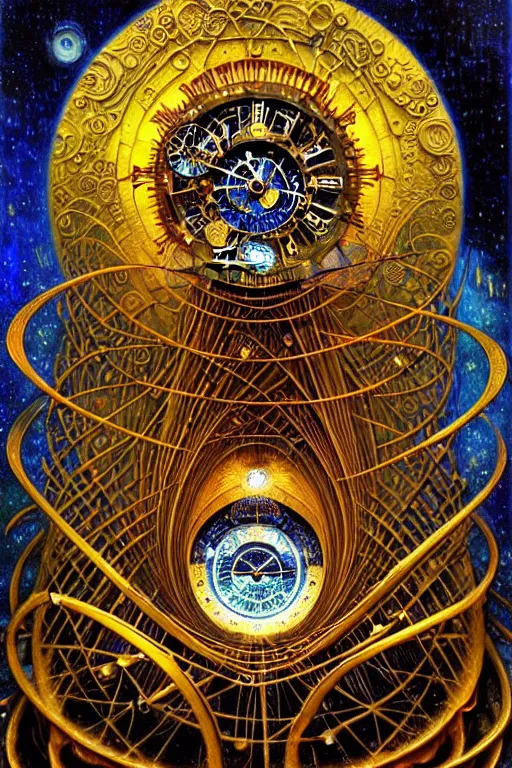 Prompt: The Tomorrow Machine by Karol Bak, Jean Deville, Gustav Klimt, and Vincent Van Gogh, otherworldly, fractal structures, arcane, clockface, spiral clock, inferno, inscribed runes, ornate gilded medieval icon, third eye, spirals