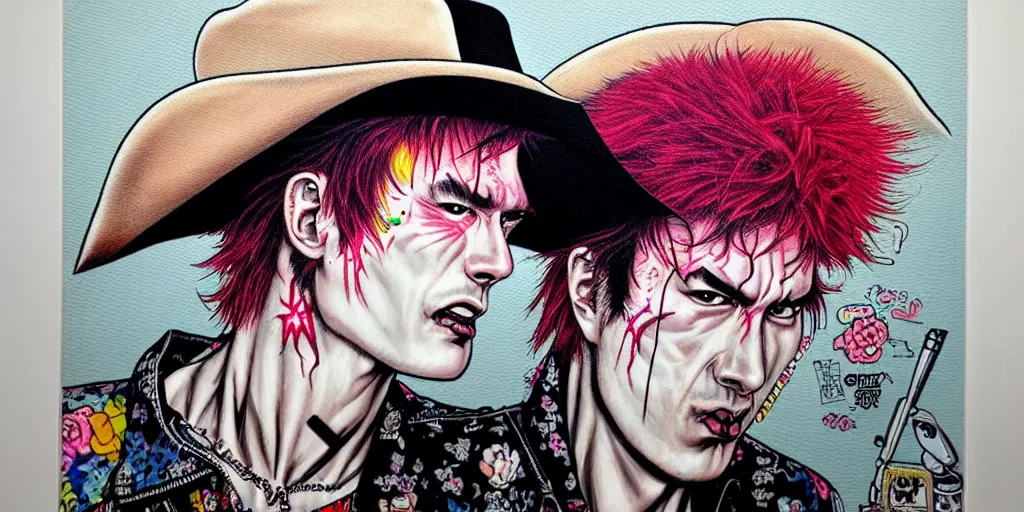 Image similar to full view of sid vicious, wearing a cowboy hat, style of yoshii chie and hikari shimoda and martine johanna, highly detailed