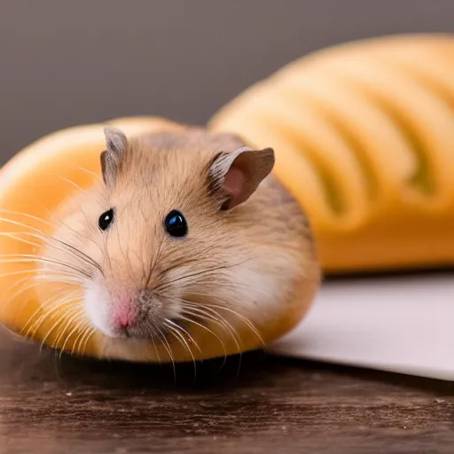 Prompt: photograph of a hamster in a hot dog bun, studio lighting