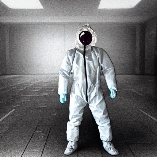 Image similar to news reporter in a hazmat suit 1 9 9 0 s news found footage of an abandoned soviet downtown with a humanoid scp hidden in background, liminal space, backrooms, scp, film grain, rundown, eerie, dark lighting, 3 5 mm, realistic, photograph, hazmat suits, foggy, silent hill style, detailed, hyperrealistic