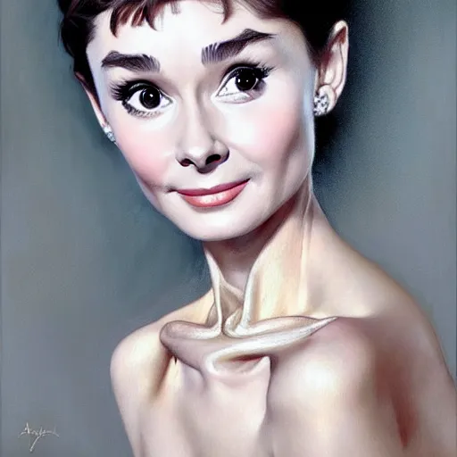 Image similar to audrey hepburn portrait, full of grace, very detailed and realistic oil painting, by artgerm and greg rutkowski and alphonse mucha